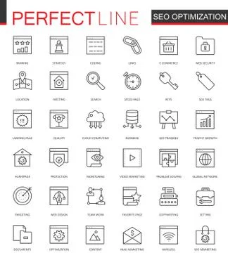 Set of Vector SEO Search Engine Optimization thin line web icons set. Outline Stock Illustration