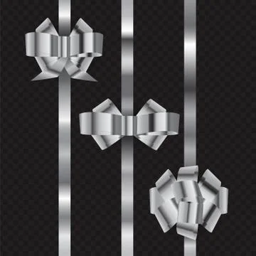 Set vector shiny silver ribbon bow isolated on dark chekered background. Deco Illustrazione stock