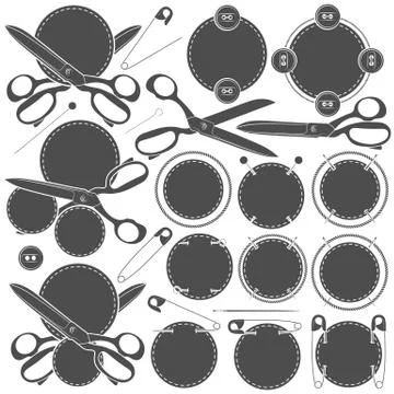 Set of vector signs with sewing accessories. Isolated objects on a white. Stock-Illustration