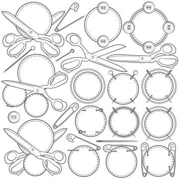 Set of vector signs with sewing accessories. Isolated objects on a white. Stock Illustration