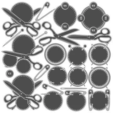 Set of vector signs with sewing accessories. Isolated objects on a white. Stock Illustration