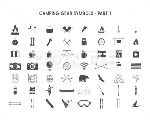 Set of Vector silhouette icons and shapes with different outdoor gear ...