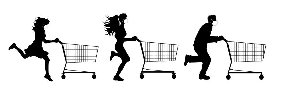 Set of vector silhouette of people push shopping cart with medical mask on wh Stock Illustration