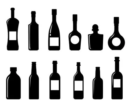 Set of vector silhouettes of bottles on a white background. Bottle icon colle Stock Illustration
