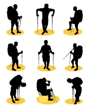 Set of vector silhouettes. Man with backpack and trekking pole Stock Illustration