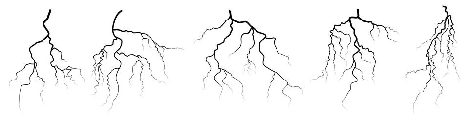 Set of vector silhouettes of thunderstorm lightning Stock Illustration