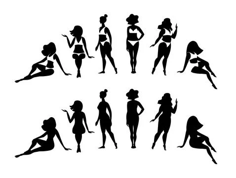 A set of vector silhouettes of women in different positions in swimsuits and Stock Illustration