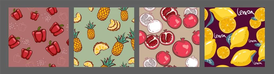 Set of vector simple colorful seamless patterns - different fruits. lemon, or Illustrazione stock