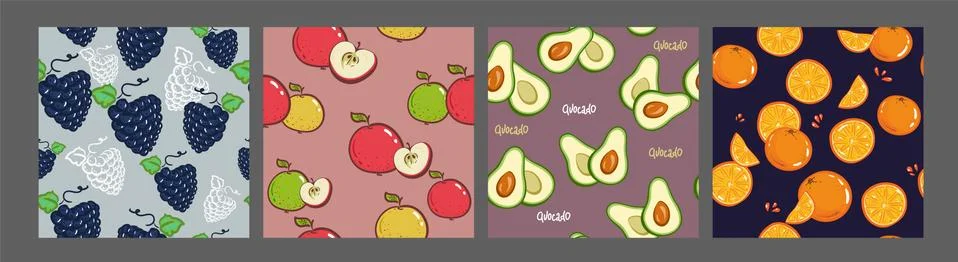 Set of vector simple colorful seamless patterns - different fruits. grapes, a Stock Illustration