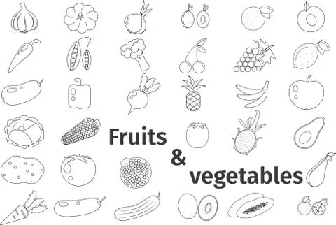 Set of vector simple icons of fruits and vegetables. Stock Illustration