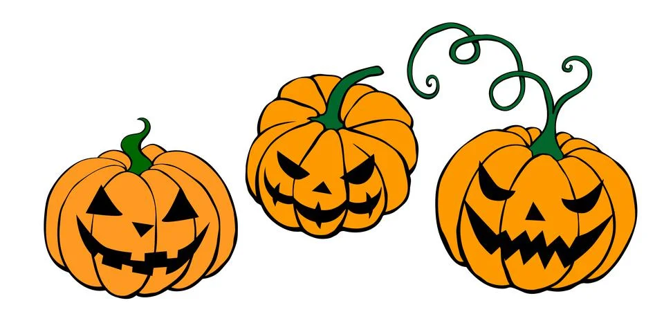 Set of vector simple scary spooky smiling Halloween pumpkins isolated. Jack o Stock Illustration