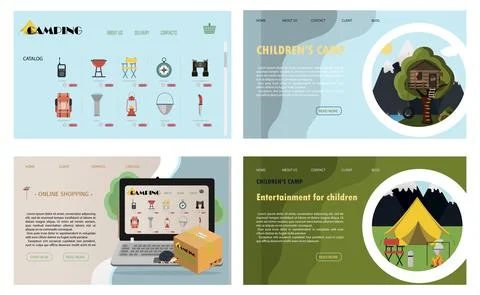 A set of vector site pages for camping, health camps and tourism. Flat Stock Illustration