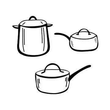 Set of Vector sketch hand drawn illustration of doodle pan kitchenware. Illustrazione stock