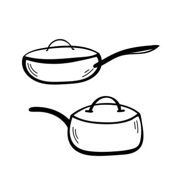 Set of Vector sketch hand drawn illustration of doodle pan kitchenware. Stock Illustration