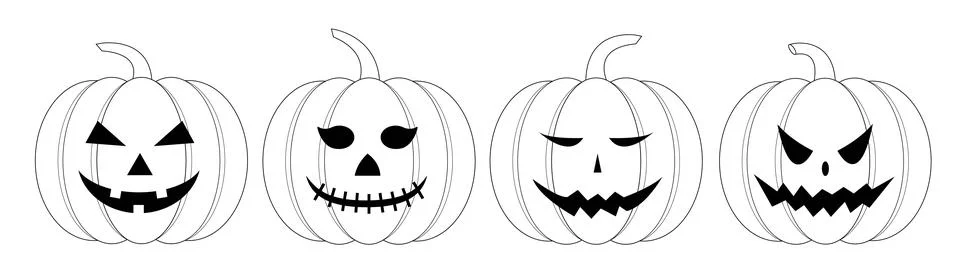 Set of vector sketch pumpkins with cut out face elements. Elements for Hall.. Stock Illustration