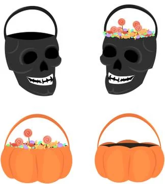 Set of vector skulls and pumpkins for Halloween. Buckets for sweets. Stock Illustration