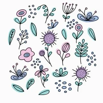 Set of vector small leaves and flowers on a white background. For the design of Stock Illustration