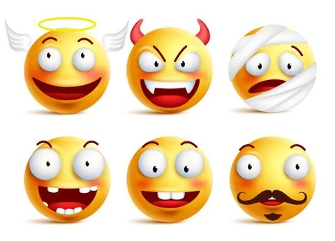 Set of vector smileys with funny faces like angel, demon, patient Stock Illustration
