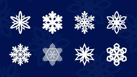 Set of vector snowflakes. White snowflake vector icon set on blue background. Stock Illustration