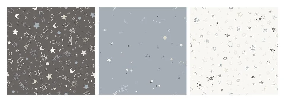 Set of vector space seamless patterns with planets, comets, constellations and Illustrazione stock