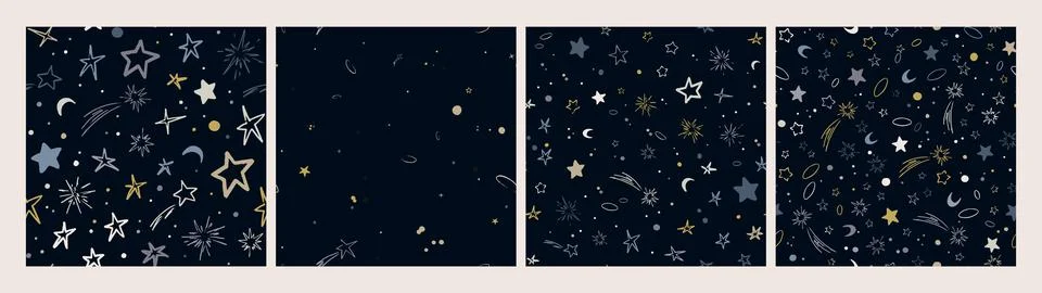 Set of vector space seamless patterns with planets, comets, constellations and Illustrazione stock
