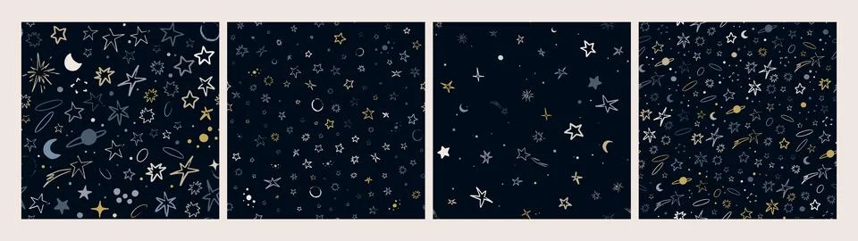 Set of vector space seamless patterns with planets, comets, constellations and Illustrazione stock