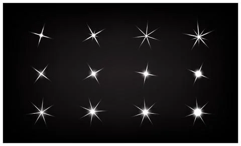 Set of Vector sparkling and glowing light effect stars on black background. Stock Illustration