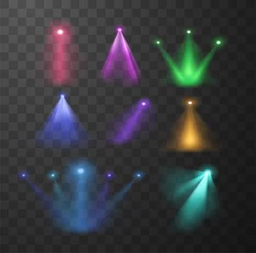 A set of vector spotlights in bright colors: blue, pink, purple, red, green and Stock Illustration