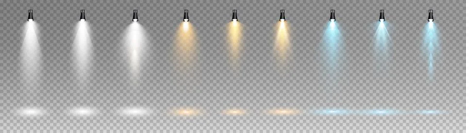 Set of vector spotlights. various forms of light. colored yellow, white, blue Illustrazione stock