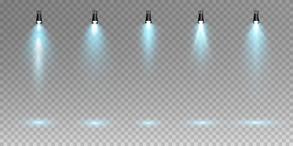 Set of vector spotlights. various forms of light, blue color. stage projector Illustrazione stock