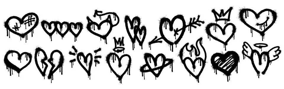 Set of vector spray painted heart shapes Stock Illustration