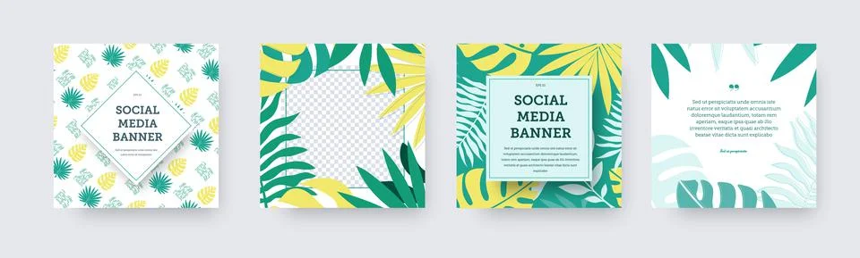 Set of vector square social media banners with green, yellow palm leaves, exo Stock Illustration
