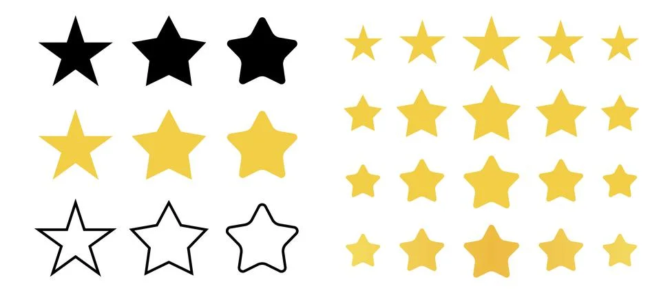 Set of vector star icons and rating symbols in various styles, including bl.. Stock Illustration