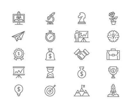 Set of vector startup and business line icons. Mountain peak, target, light bulb Illustrazione stock