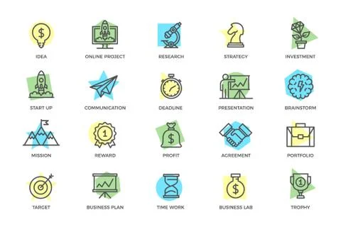Set of vector startup and business colored line icons with titles. Mountain peak Stock Illustration