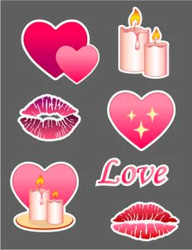 Set of vector stickers about love and romance for Valentine's Day. Illustrazione stock