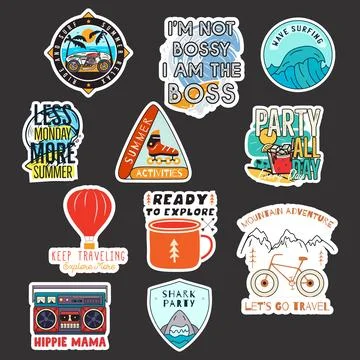 Set of vector stickers with creative inscriptions and images Stock-Illustration