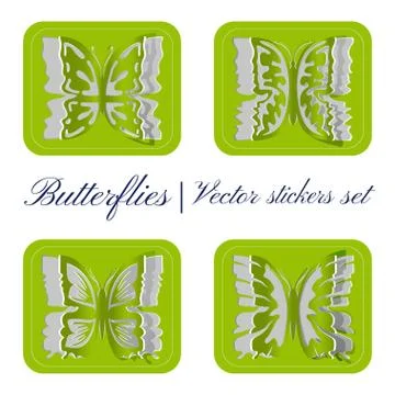 Set of vector stickers on green background. Set of carved butterflies. Gree.. Stock Illustration