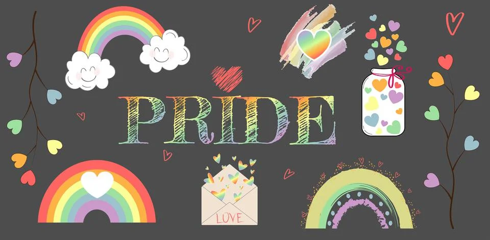 Set of vector stickers on LGBT topic with colourful objects on contrasting dark Stock Illustration