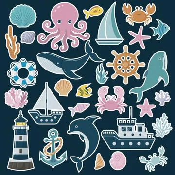 Set of vector stickers on marine theme. Fish, shells, ships, octopuses, sea.. Stock Illustration