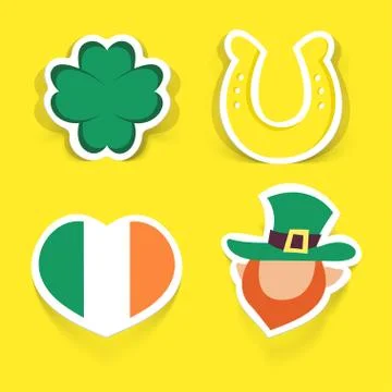Set of vector stickers for St.Patrick's day design.Four-leaf clover, golden h Stock Illustration