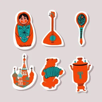 Set of vector stickers on the theme of Russian culture Illustrazione stock