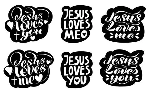Set of vector stickers with the words Jesus loves me and Jesus loves you Stock Illustration
