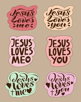 Set of vector stickers with the words Jesus loves me and Jesus loves you Stock Illustration