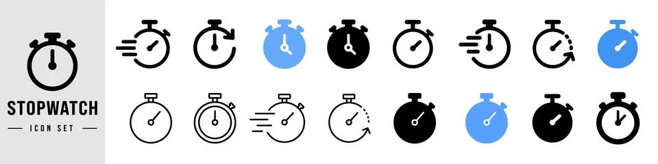 Set of vector stopwatch and timer icons in various styles, including outlin.. Stock Illustration