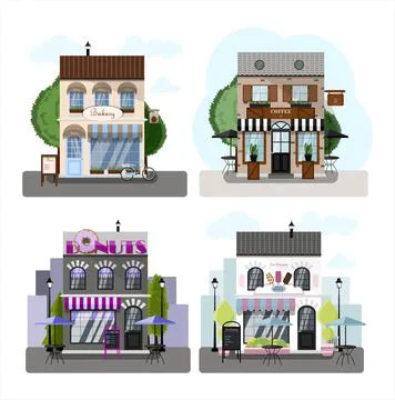 A set of vector stores, restaurants and cafes. Two-story donuts cafe, coffee Stock Illustration