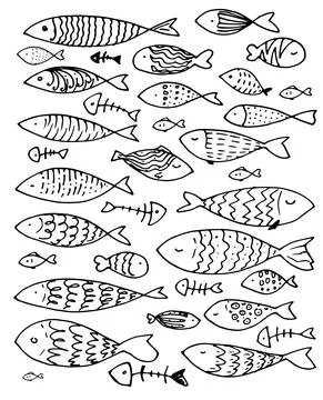 A set of vector stylized fish with black line patterns on a white background Stock Illustration
