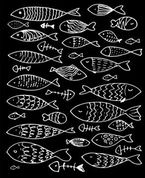A set of vector stylized fish with white line patterns on a black background 스톡 일러스트