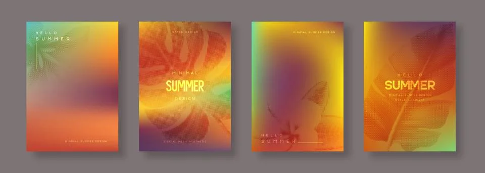 Set of vector summer gradient backgrounds with tropical leaves. Stock Illustration