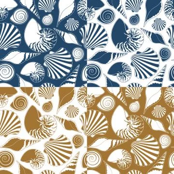 Set of vector summer seamless patterns with sea shells. Stock Illustration